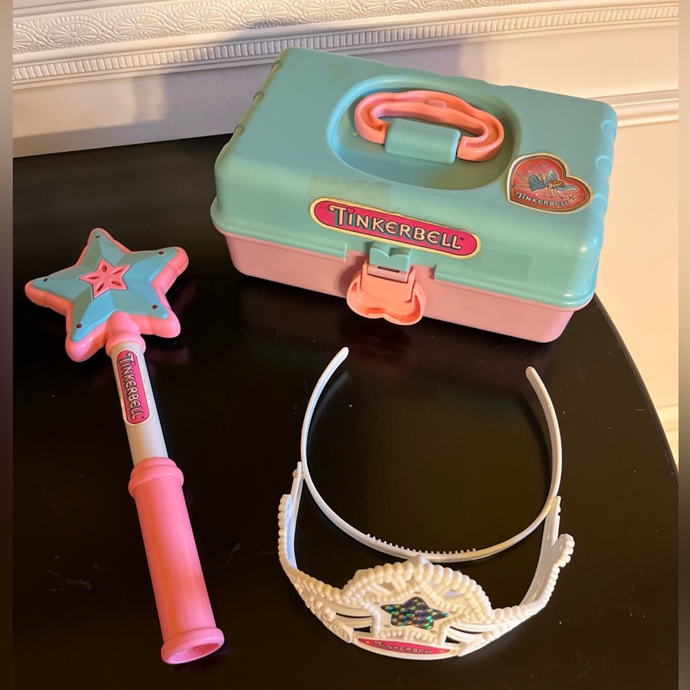 Vintage 90s Tinker bell Caboodle box 11”/wand 6”/crown 6”-Redbox +necklace/lip